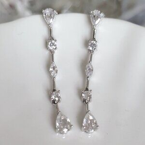 Vintage Sterling Silver Long Drop Crystal Elegant Formal Bridal Earrings